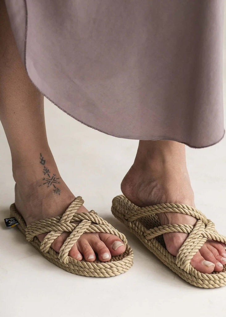 Woman wearing Slip On Camel Sandals. Rope cross-strap detail — MYFASHIONFRUIT