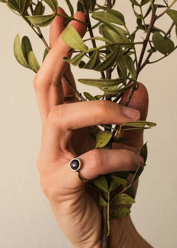 Minor Chevalier - Knuckle Ring — detail, gold with dark purple stone — MYFASHIONFRUIT