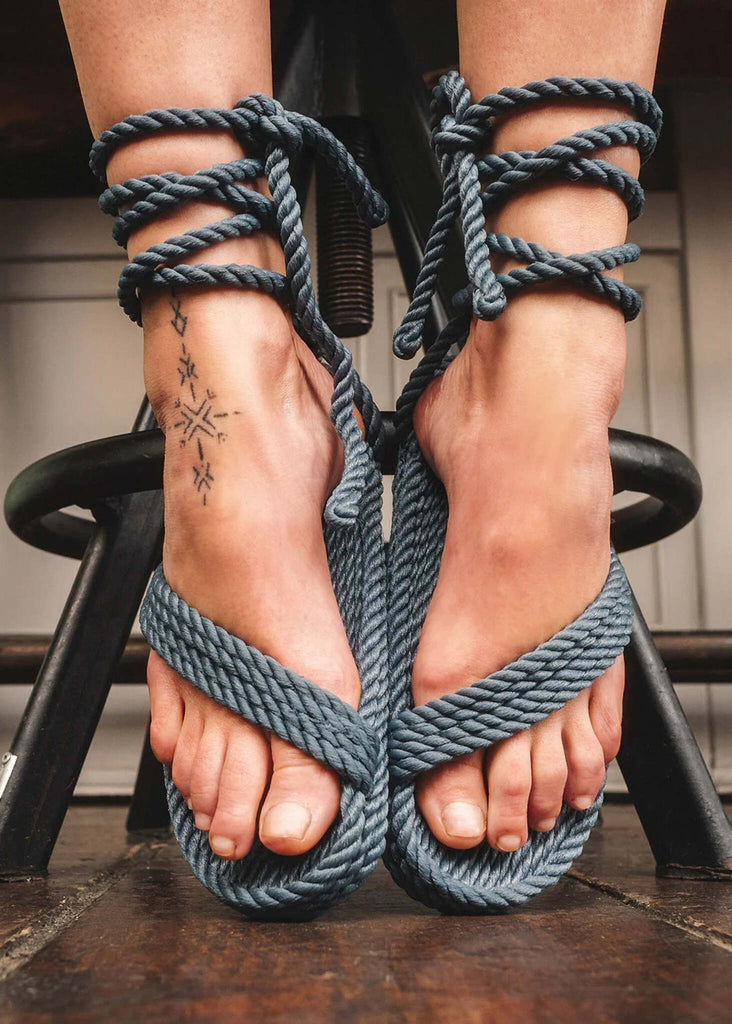 Woman wearing blue Bondi Denim Sandals, ankle-tie detail — MYFASHIONFRUIT
