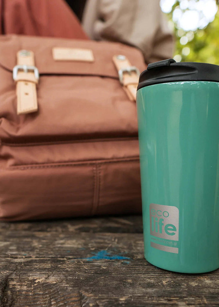 Εcolife Coffee Thermos — Light blue cup on wood — MYFASHIONFRUIT