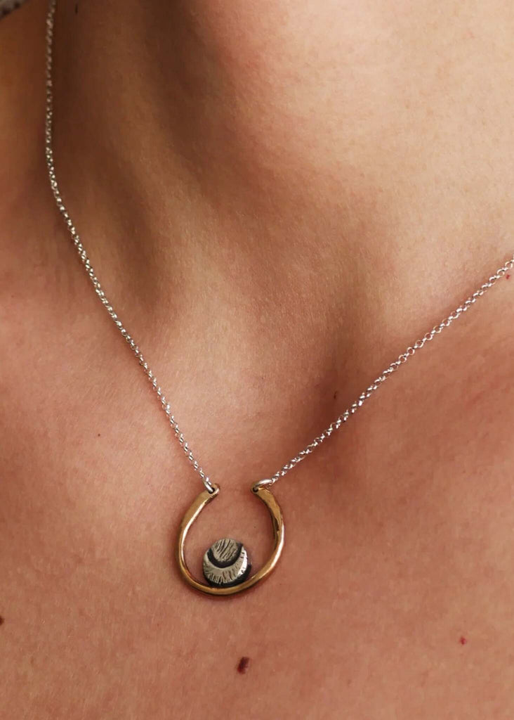 Crescent Moon In Hoop Pendant — silver chain, on model — MYFASHIONFRUIT