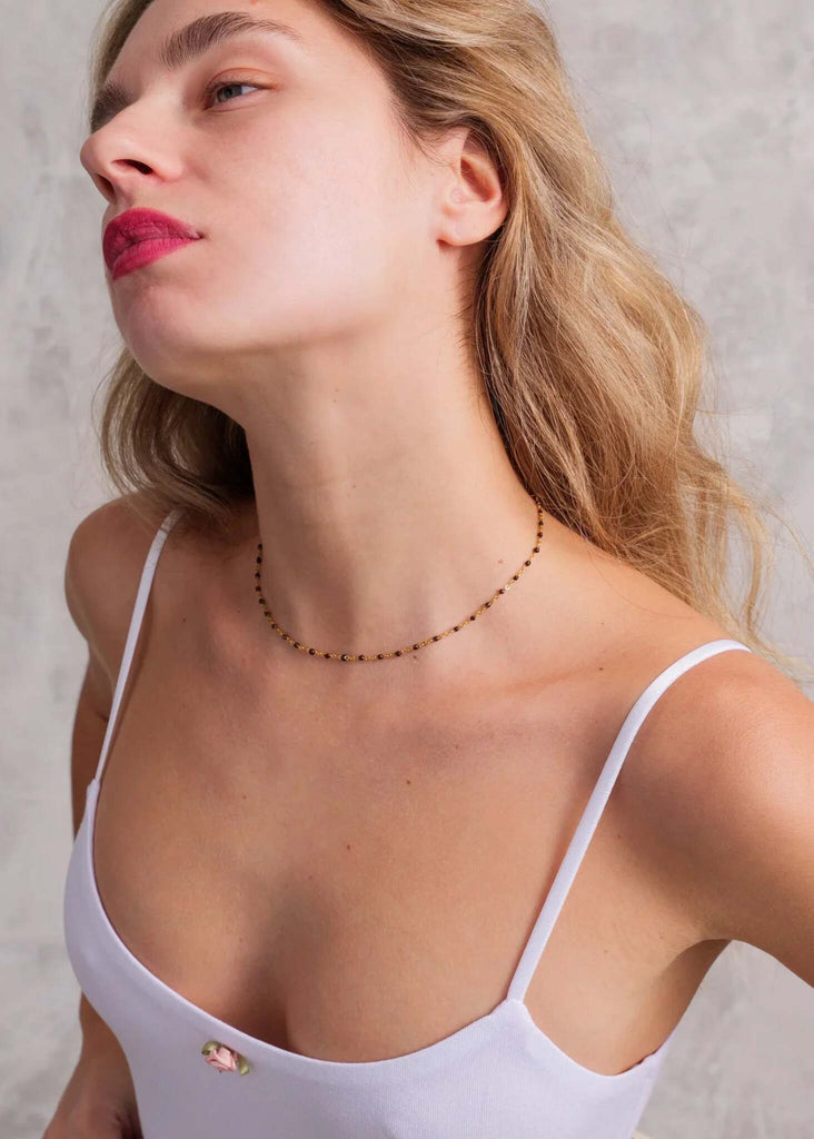 Woman wearing Dakota Necklace — gold chain with cocoa brown beads — MYFASHIONFRUIT