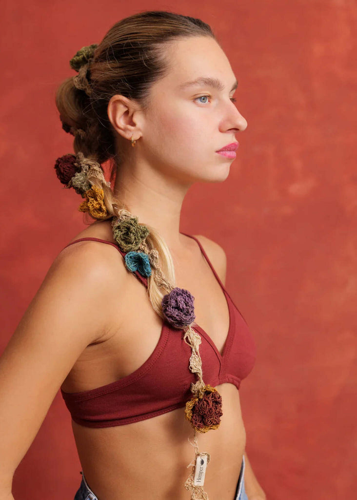 Woman wearing Crochet Headband - Removable Flowers, with multicolor crochet flowers — MYFASHIONFRUIT