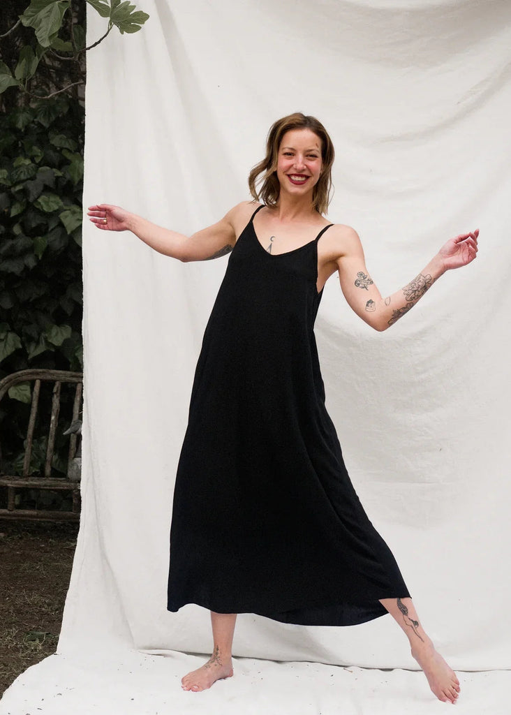 Granadas Dress — Black maxi slip dress on model — MYFASHIONFRUIT