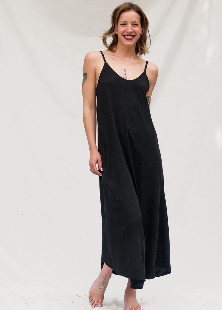 Granadas Dress — Black maxi slip dress on model — MYFASHIONFRUIT