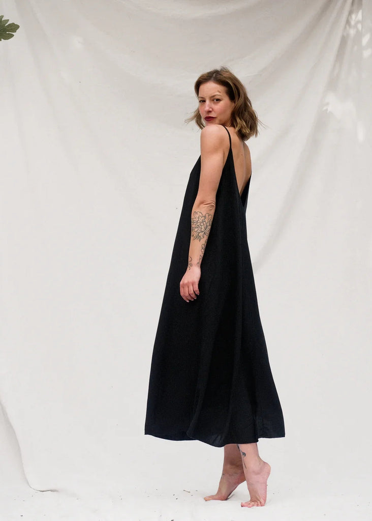 Granadas Dress — Black spaghetti strap dress on model — MYFASHIONFRUIT