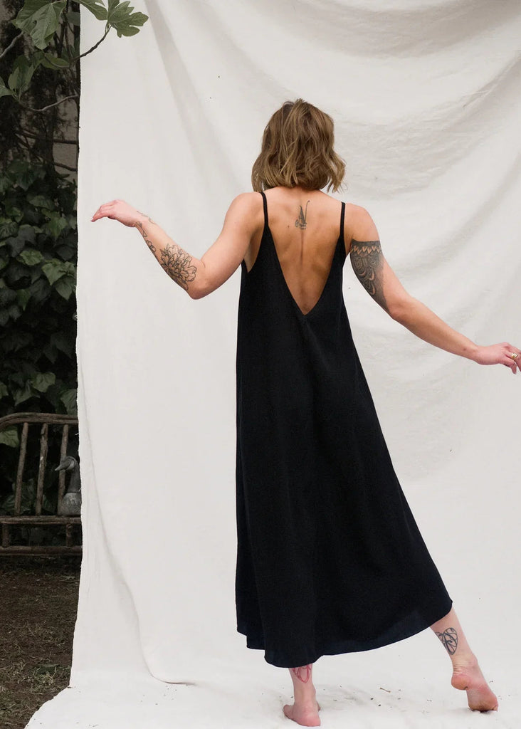Granadas Dress — Black slip dress with low back, on model — MYFASHIONFRUIT