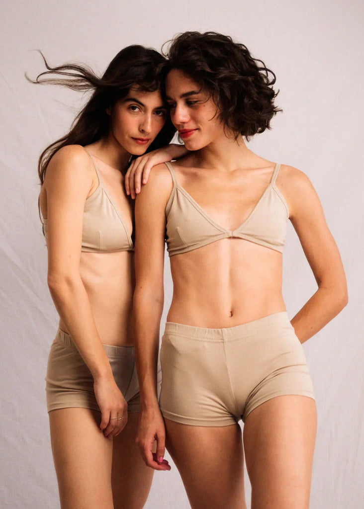 Two women wearing the Fierce Bralette and matching briefs in sandshell color — MYFASHIONFRUIT