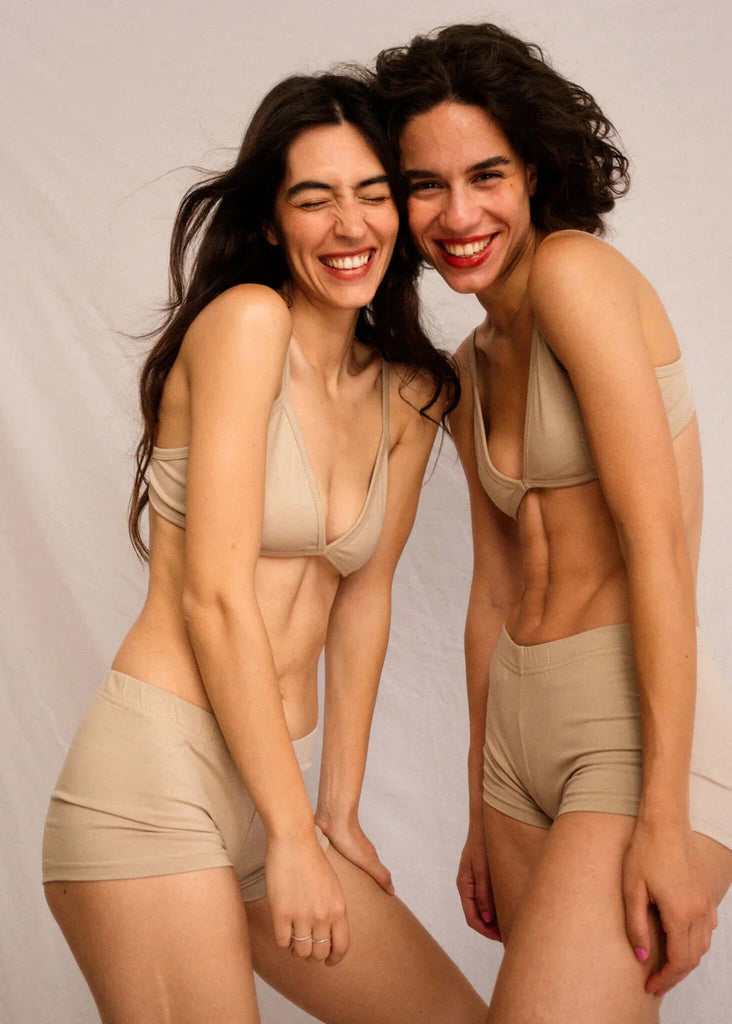 Women wearing matching Fierce Bralette & shorts set in sandshell organic cotton — MYFASHIONFRUIT