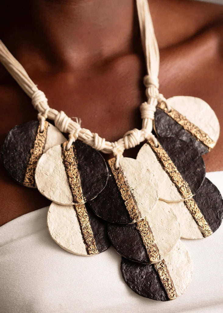 Ceres Necklace detail — paper mache pendant with gold detail, on model — MYFASHIONFRUIT