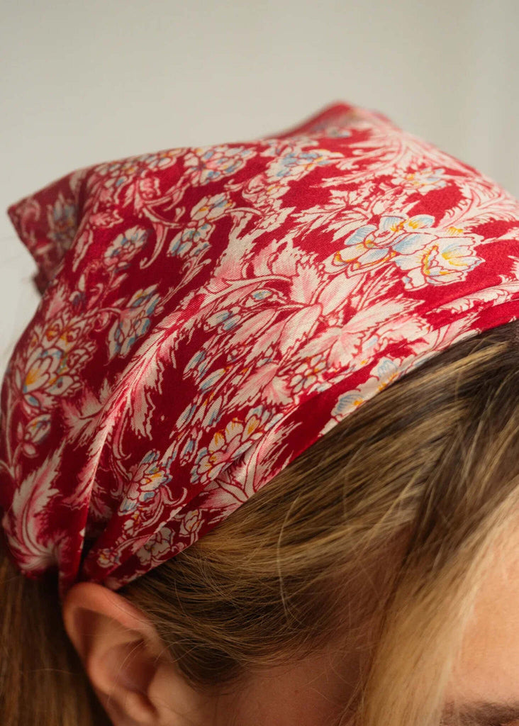 Woman wearing Silk & Colorful Scarf — red floral print silk hair scarf — MYFASHIONFRUIT