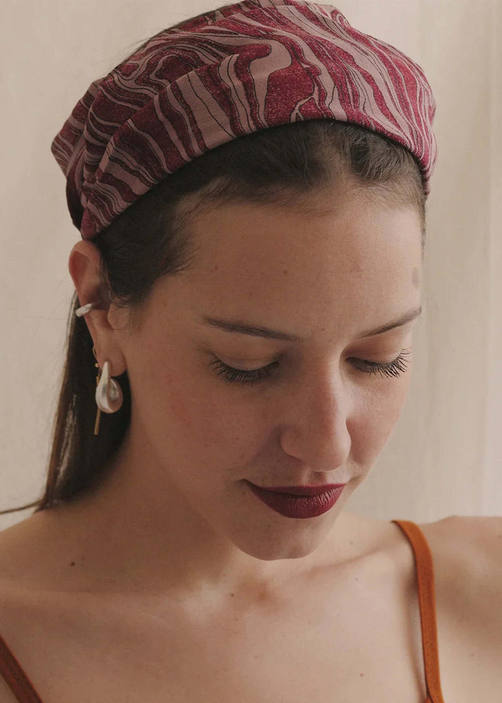 Silk Bandana — woman with red and lavender print — MYFASHIONFRUIT