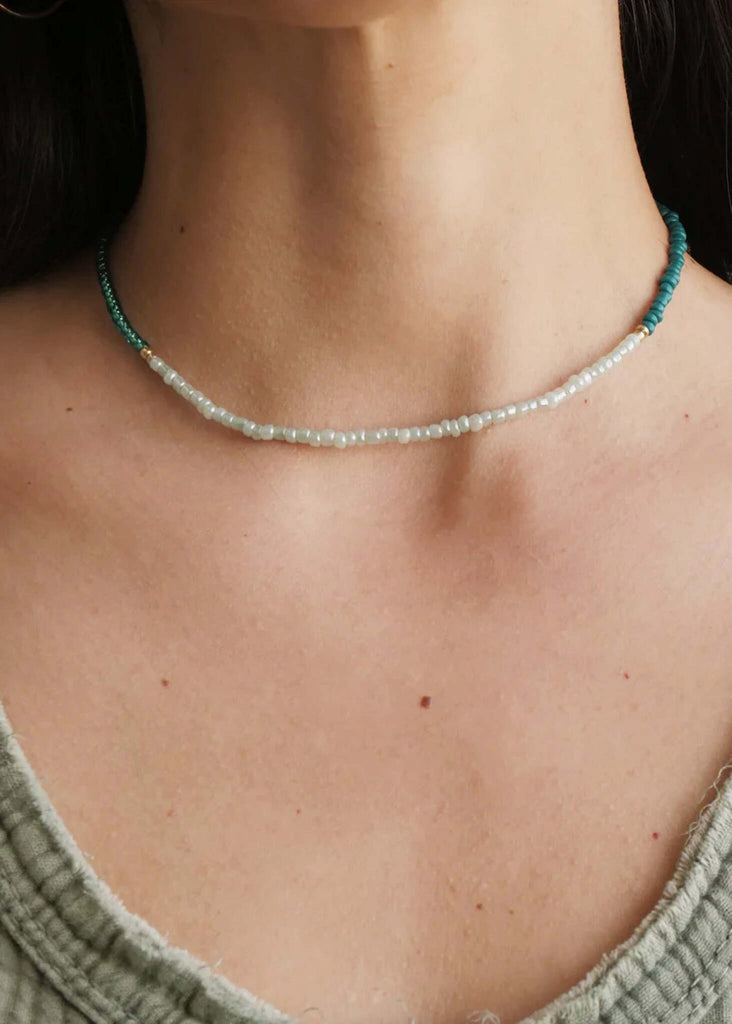 Gabby Necklace — Teal and white beaded necklace on model — MYFASHIONFRUIT