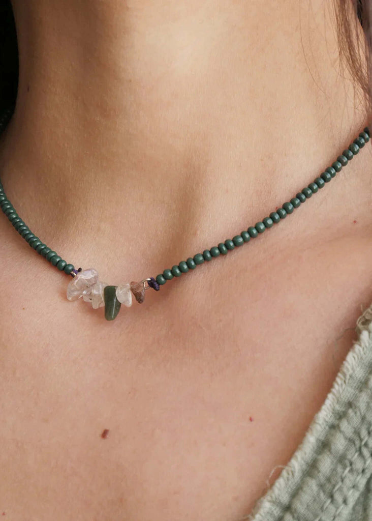 Sanai Necklace — Green beaded necklace with stone detail, on model — MYFASHIONFRUIT