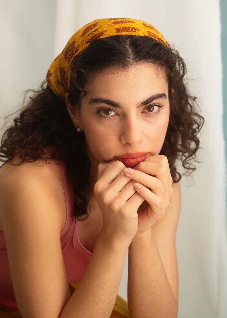 Woman wearing a yellow Silk & Colorful Scarf with brown print — MYFASHIONFRUIT