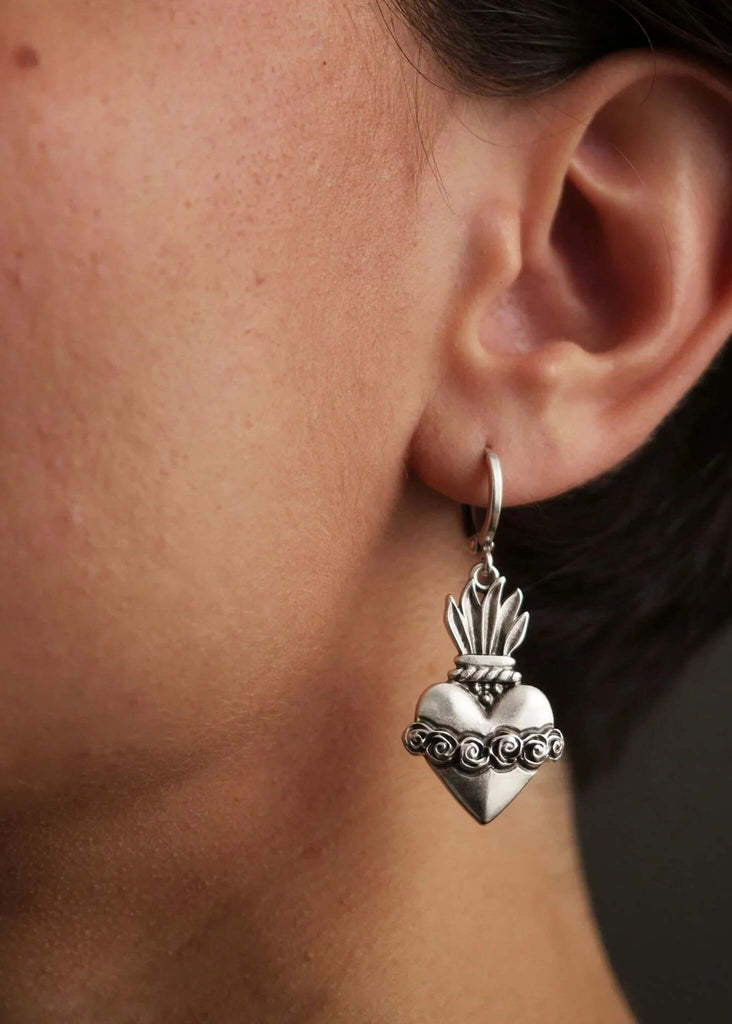 Corazon Earrings — silver tone textured sacred heart detail on model — MYFASHIONFRUIT