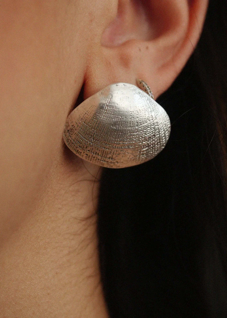 Clam Shell Earrings — silver sculptural seashell design — MYFASHIONFRUIT