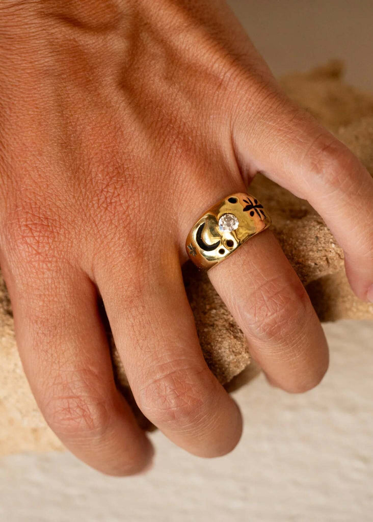 Celestial Ring — Gold ring with moon & star detail on finger — MYFASHIONFRUIT