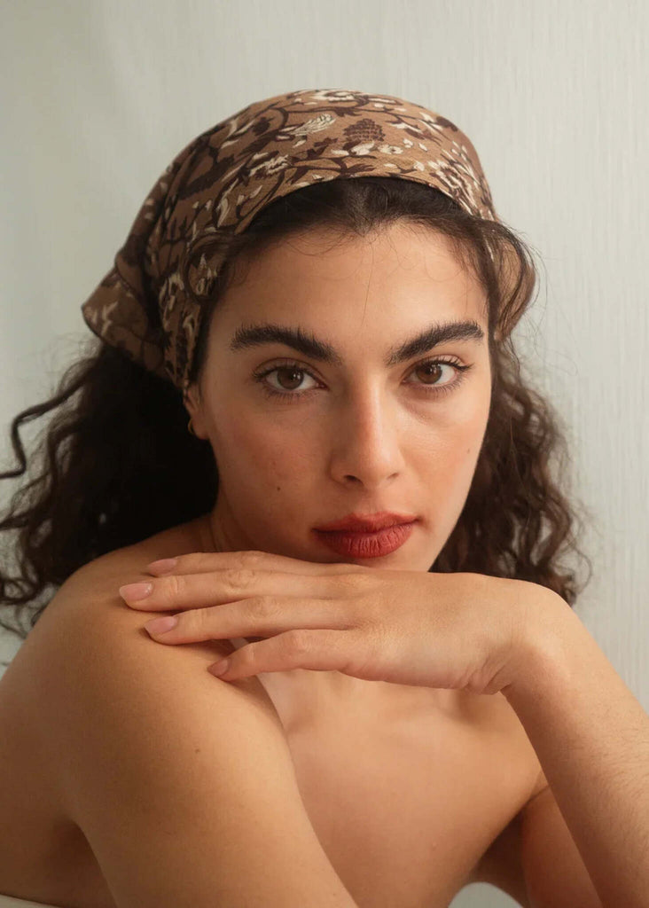 Woman wearing brown floral Silk & Colorful Scarf as a hair accessory — MYFASHIONFRUIT