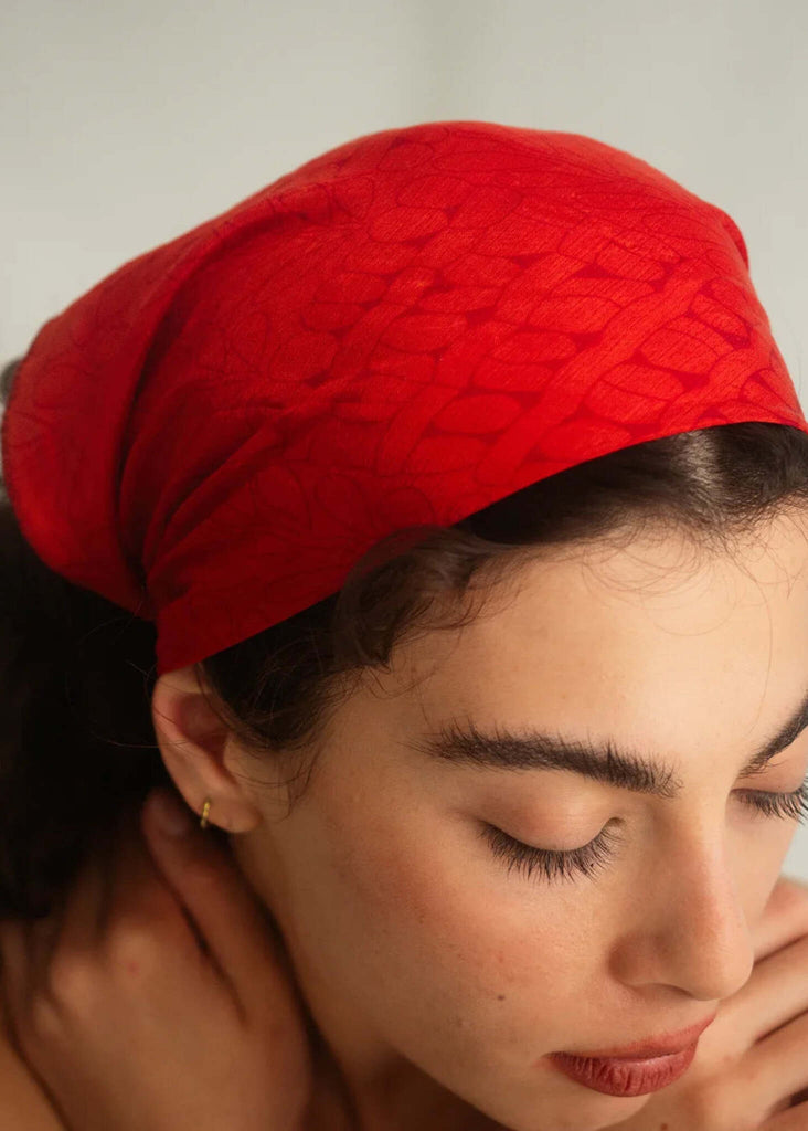 Woman wearing red silk hair scarf — MYFASHIONFRUIT