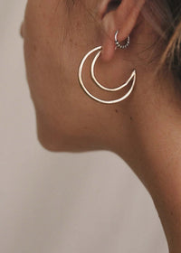 Crescent Hoop Earrings — gold moon hoops on model, detail — MYFASHIONFRUIT