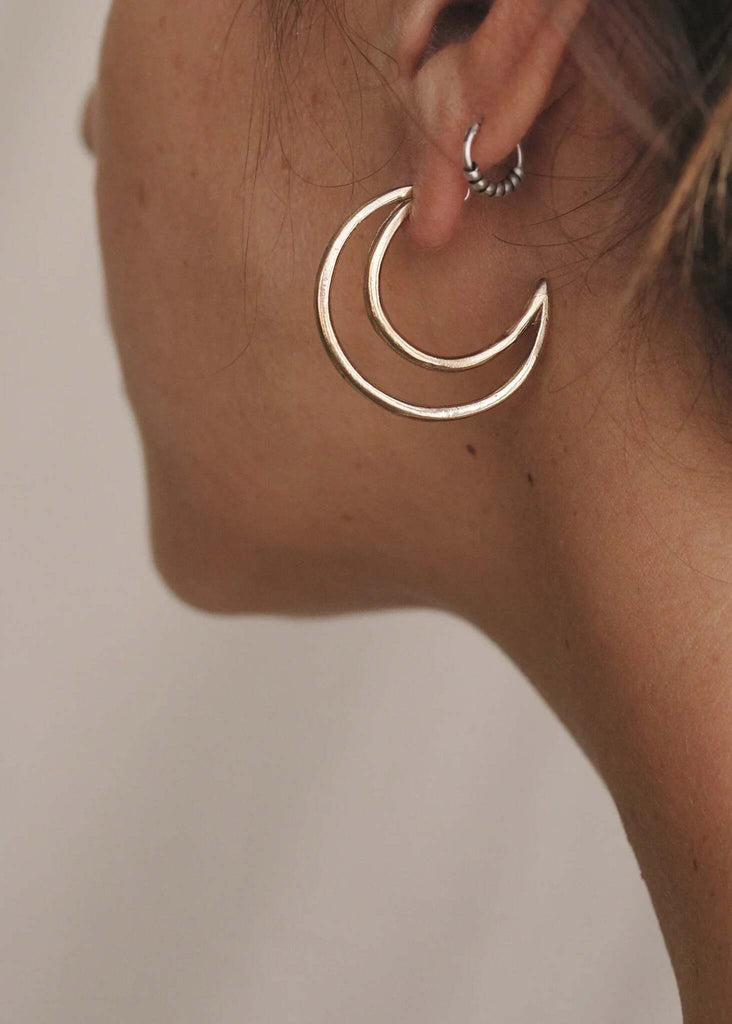 Crescent Hoop Earrings — gold moon hoops on model, detail — MYFASHIONFRUIT