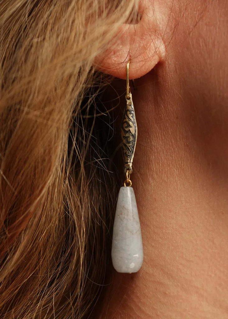 Stella Jade Earrings — detail, jade teardrop earring on model — MYFASHIONFRUIT