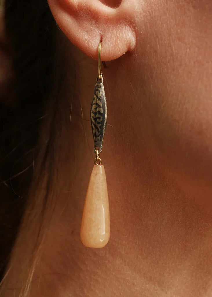 Stella Jade Earrings — detail, on model, peach drop earring — MYFASHIONFRUIT