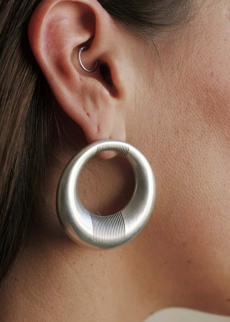 Aziza Hoops — silver tone, oversized hoop with line detail — MYFASHIONFRUIT