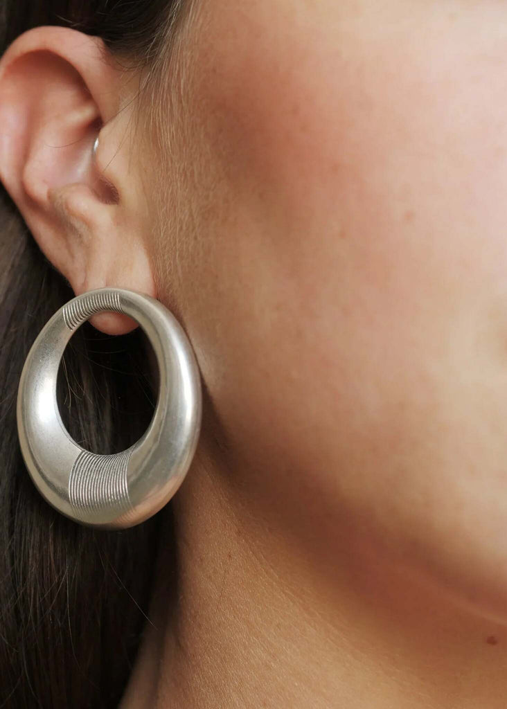 Aziza Hoops — Silver hoops with engraved detail on model — MYFASHIONFRUIT