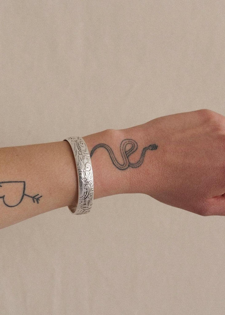 Treasure Cuff — silver tone with floral pattern on wrist — MYFASHIONFRUIT