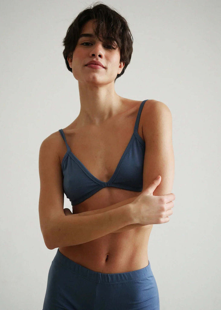 Woman wearing a blue cotton Fierce Bralette with narrow straps — MYFASHIONFRUIT