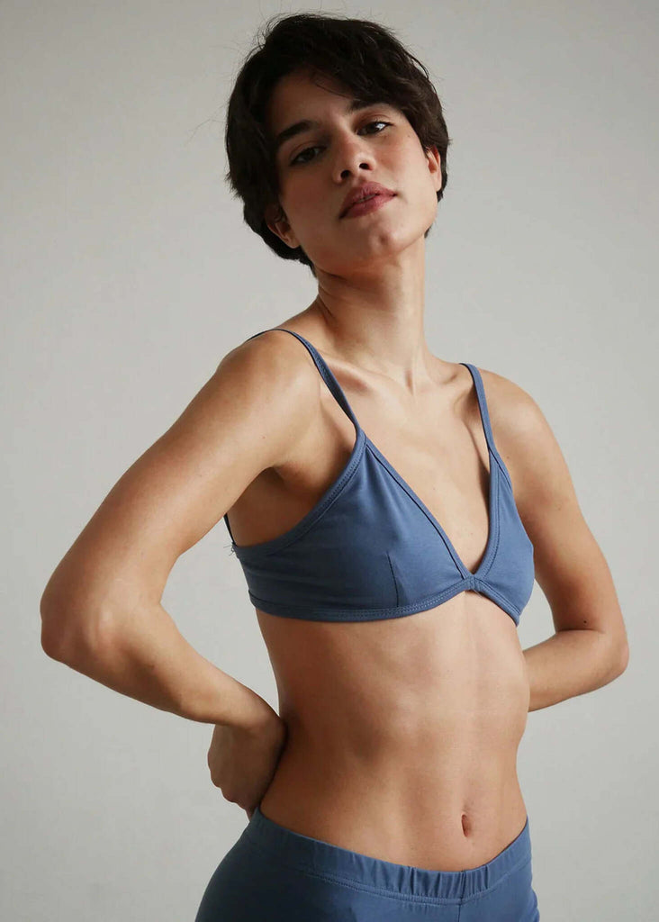 Woman wearing a blue cotton Fierce Bralette with thin straps — MYFASHIONFRUIT
