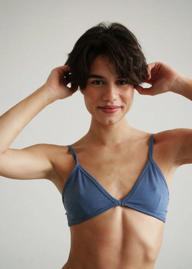 Woman wearing a blue cotton Fierce Bralette with thin straps — MYFASHIONFRUIT