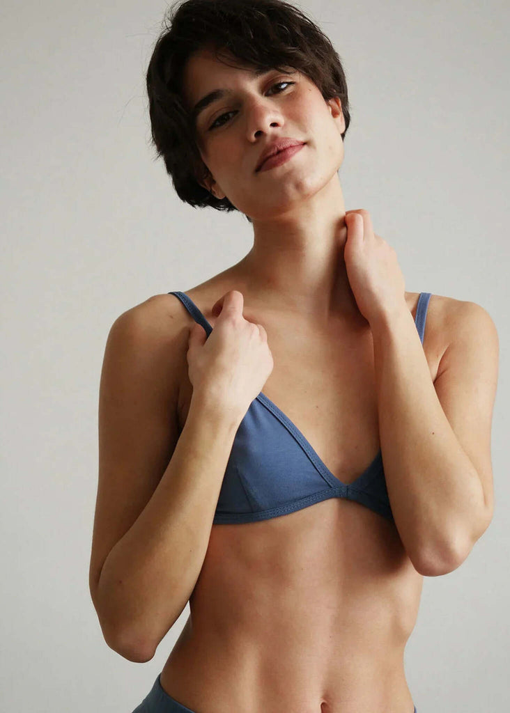 Woman wearing a blue cotton blend Fierce Bralette with thin straps — MYFASHIONFRUIT