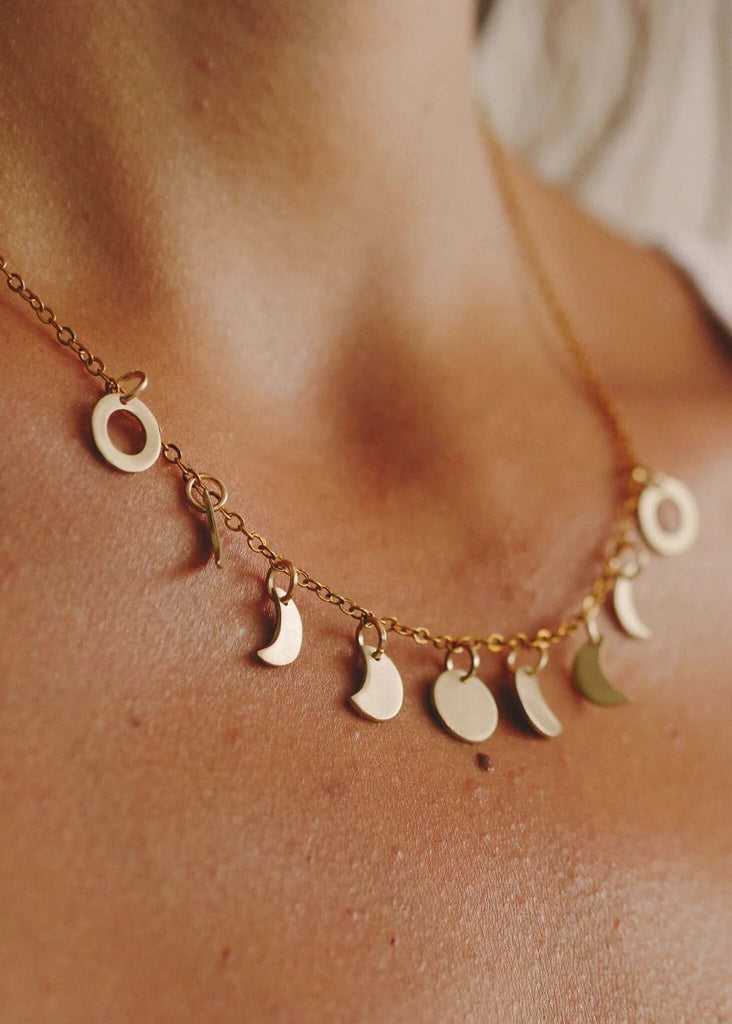 Luna Necklace — gold toned chain with moon phases and circle charms — MYFASHIONFRUIT