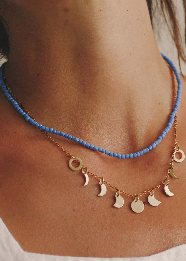 Luna Necklace — gold chain with moon phase pendants and blue bead necklace — MYFASHIONFRUIT