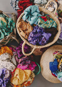 Voluminous Silk Scrunchie — Assorted colors and patterns in woven baskets — MYFASHIONFRUIT