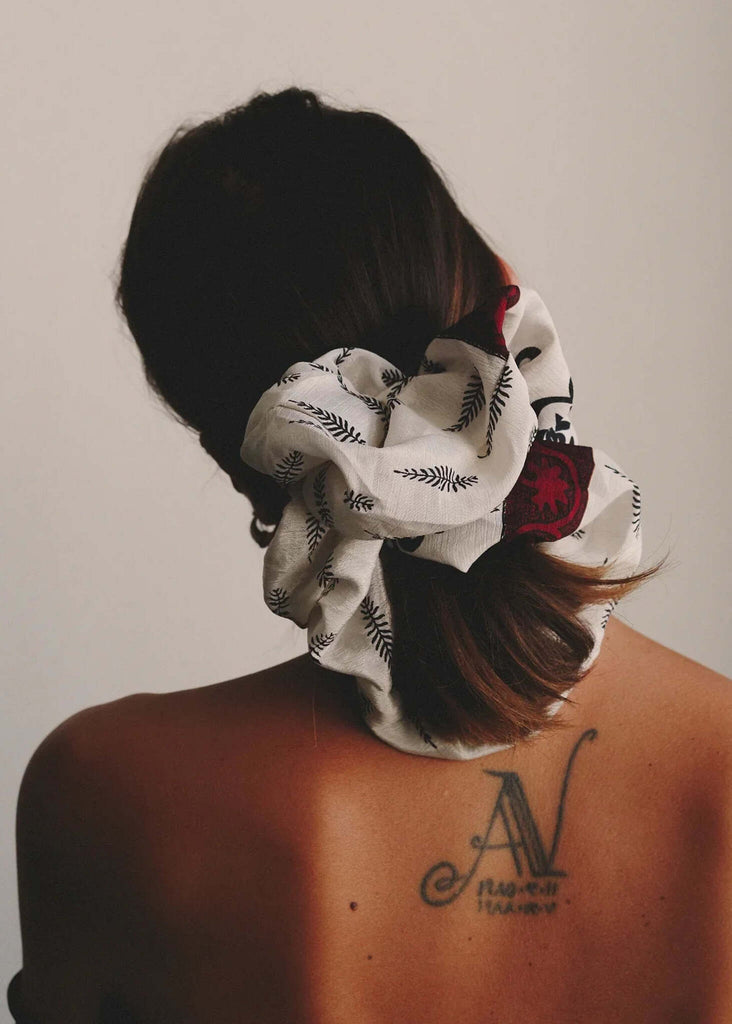 Woman wearing Voluminous Silk Scrunchie, assorted print — MYFASHIONFRUIT