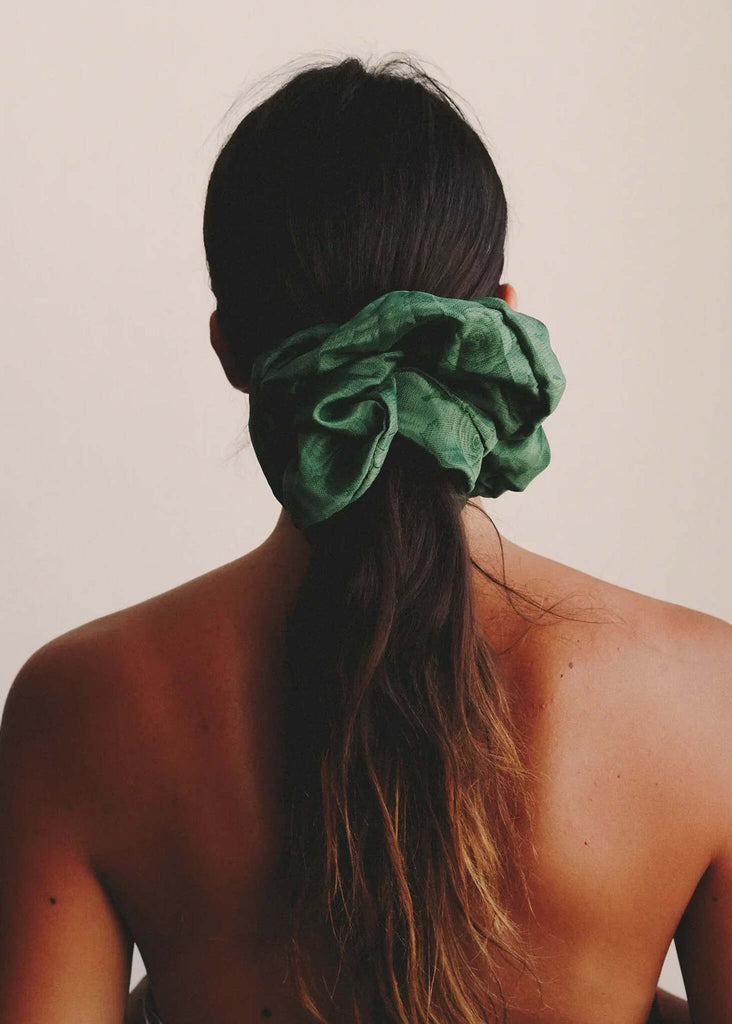 Voluminous Silk Scrunchie — green recycled sari silk scrunchie in hair — MYFASHIONFRUIT