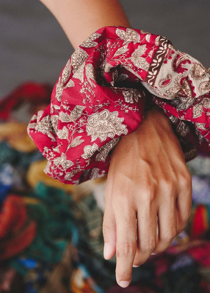 Voluminous Silk Scrunchie - red floral print detail on wrist, recycled fabric — MYFASHIONFRUIT
