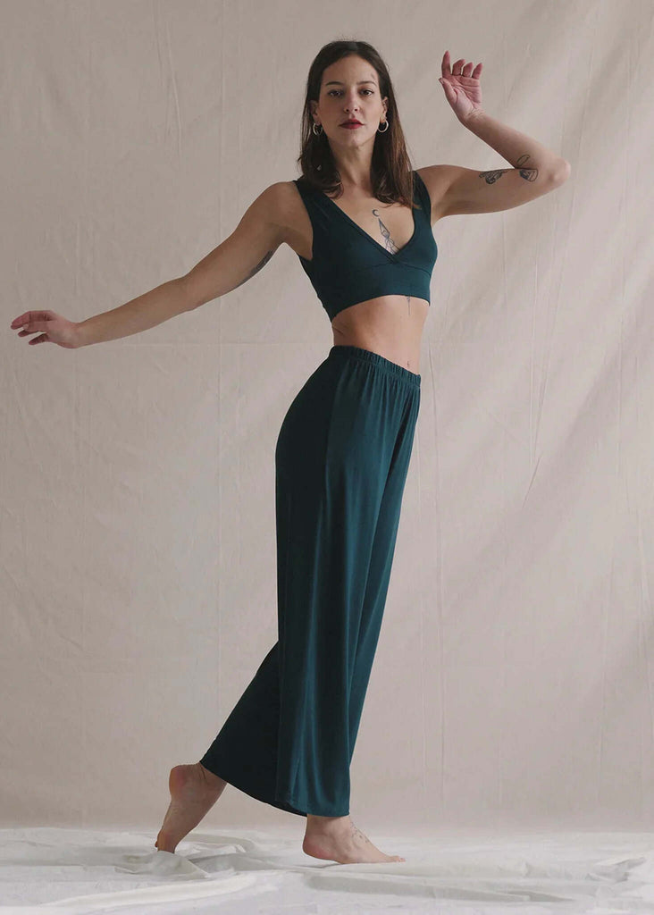 Woman wearing Tender Pants, buffet green, high-rise with elastic waistband — MYFASHIONFRUIT