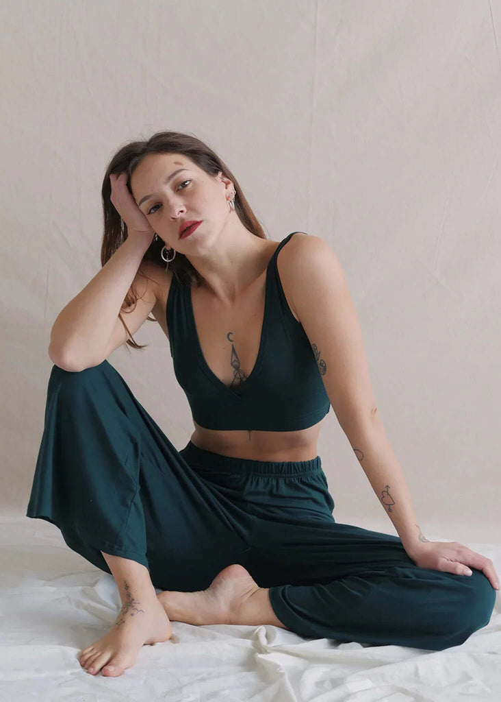 Woman wearing Tender Pants — green wide leg pants and matching top — MYFASHIONFRUIT
