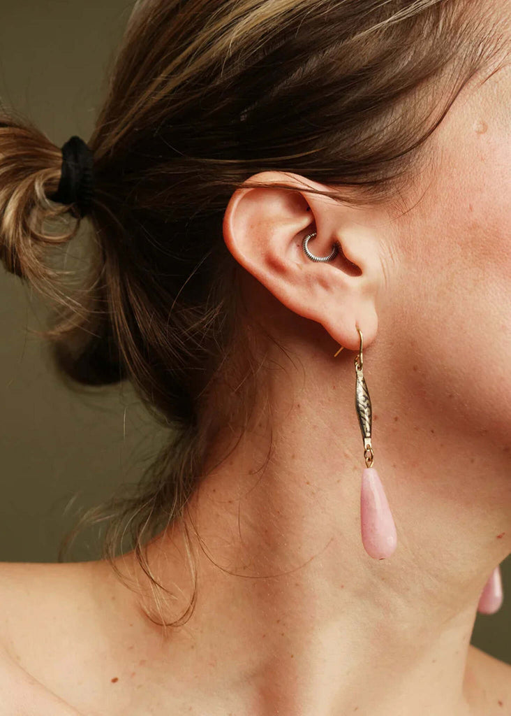 Stella Jade Earrings — Detail: pink stone earring on model — MYFASHIONFRUIT