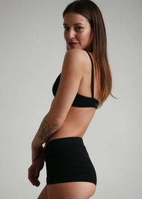 Woman wearing black Fierce Shorties and bra — MYFASHIONFRUIT