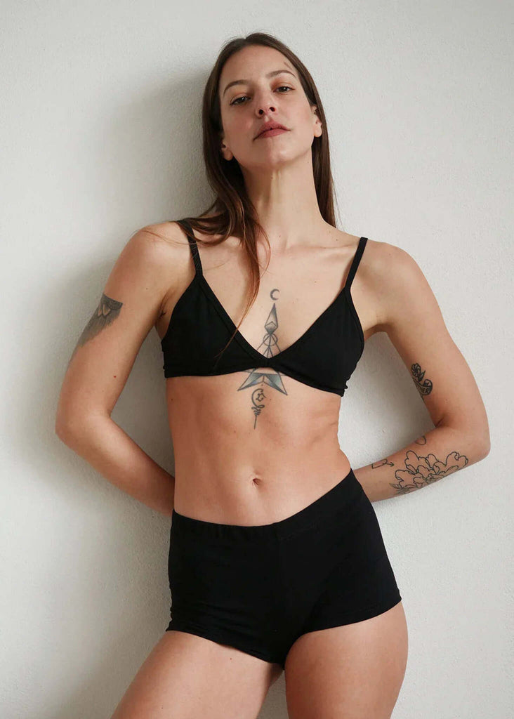 Woman wearing black Fierce Shorties and matching bra— MYFASHIONFRUIT