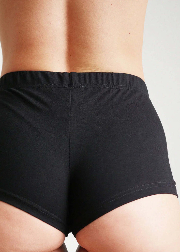 Woman wearing black Fierce Shorties, cotton blend, stretch fabric — MYFASHIONFRUIT