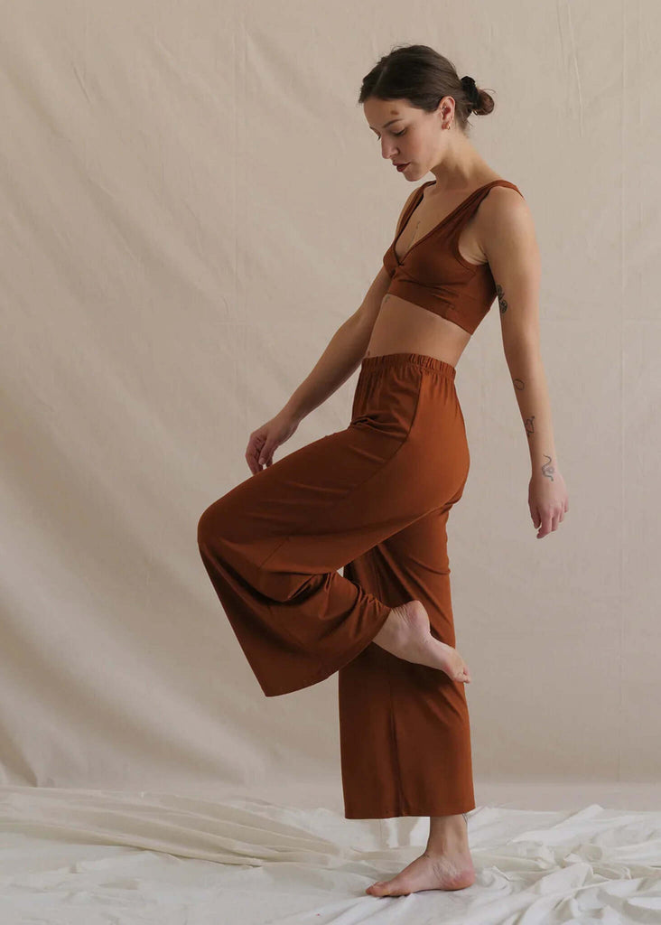 Woman wearing brown Tender bra top and pants set, wide leg — MYFASHIONFRUIT