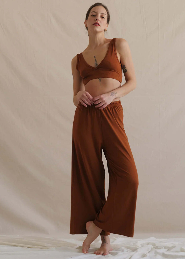 Woman wearing the Tender Pants and matching top in caramel, soft touch fabric — MYFASHIONFRUIT