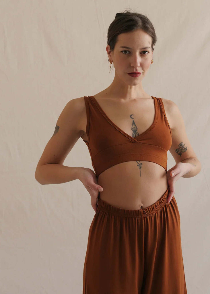 Woman wearing a caramel Soft Bralette and pants set, relaxed fit — MYFASHIONFRUIT